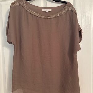 LOFT Taupe Beaded Scoop Neck Flutter Sleeve Blouse